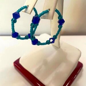 New, Czech Bead Earrings, Blue/Turquoise Handmade Beaded Hoop Earrings